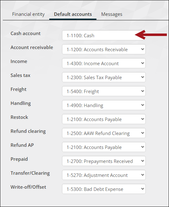 Viewing the default cash account for a financial entity